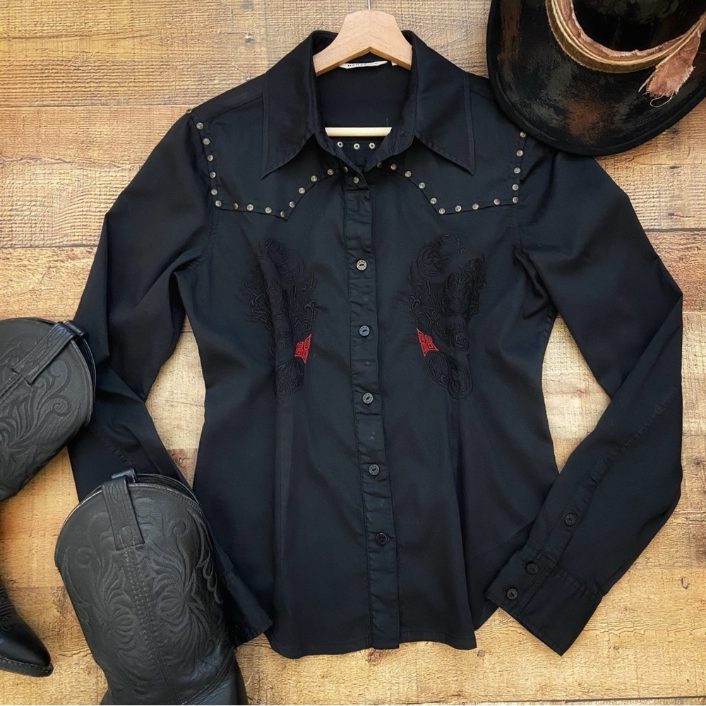 Studded Western Shirt Floral Embroidered Chest by Parasuco Metal Stud Accents